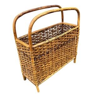 Vintage Bamboo Rattan Magazine Rack Mid Century Boho Woven Holder